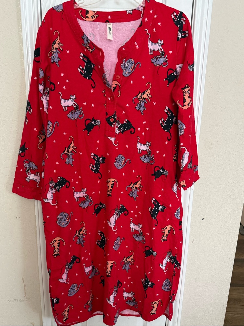 LA Cera Red Flannel Cat Print Nightgown S
